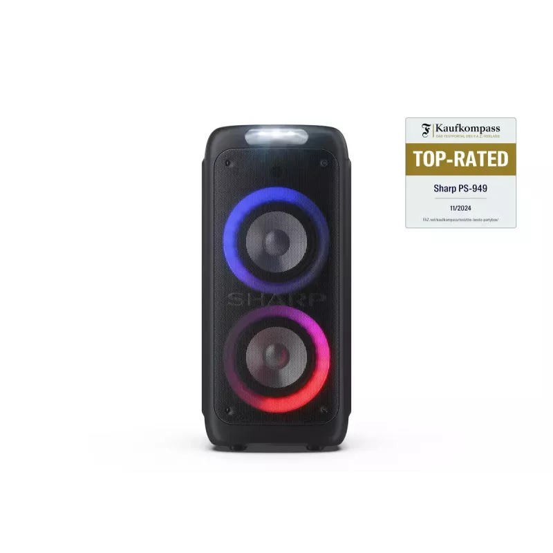 Party-Lautsprecher Sharp PS-949 — 2.1 Kanäle, 132 W PMPO, 20,3 cm (8 Zoll) Tieftöner, Bluetooth A2DP/AVRCP, kabelgebunden & kabellos, schwarz, Kunststoffgehäuse