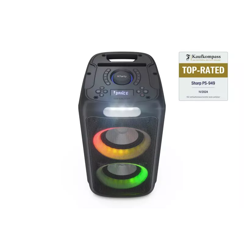 Party-Lautsprecher Sharp PS-949 — 2.1 Kanäle, 132 W PMPO, 20,3 cm (8 Zoll) Tieftöner, Bluetooth A2DP/AVRCP, kabelgebunden & kabellos, schwarz, Kunststoffgehäuse