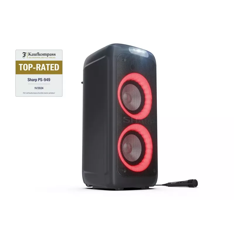 Party-Lautsprecher Sharp PS-949 — 2.1 Kanäle, 132 W PMPO, 20,3 cm (8 Zoll) Tieftöner, Bluetooth A2DP/AVRCP, kabelgebunden & kabellos, schwarz, Kunststoffgehäuse