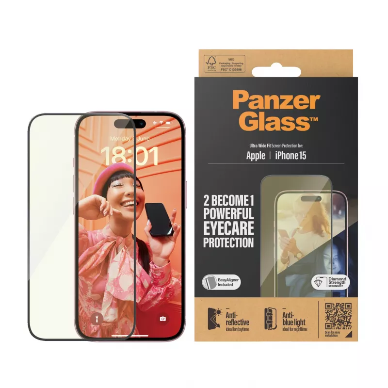 PanzerGlass® EyeCARE™ Displayschutz iPhone 15 | Ultra-Wide Fit mit EasyAligner
