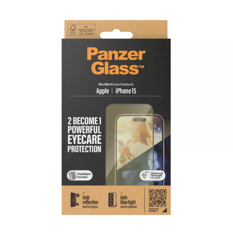 PanzerGlass® EyeCARE™ Displayschutz iPhone 15 | Ultra-Wide Fit mit EasyAligner
