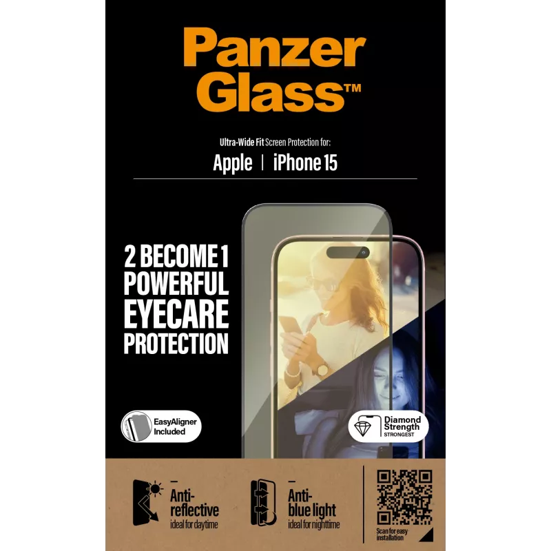 PanzerGlass® EyeCARE™ Displayschutz iPhone 15 | Ultra-Wide Fit mit EasyAligner