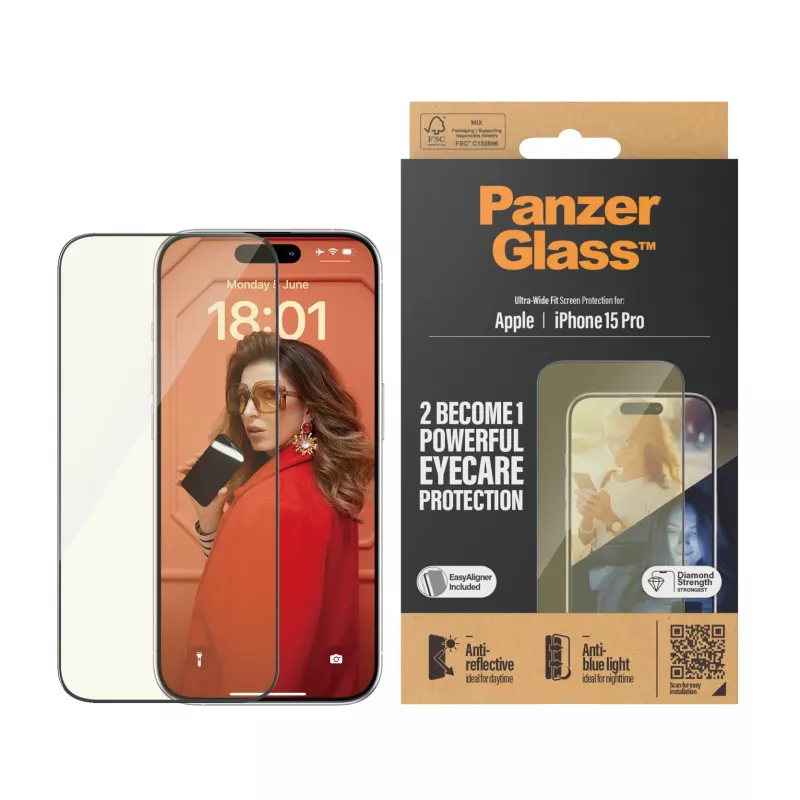 PanzerGlass ® EyeCARE™ Screen Protection iPhone 15 Pro | Ultra-Wide Fit mit EasyAligner