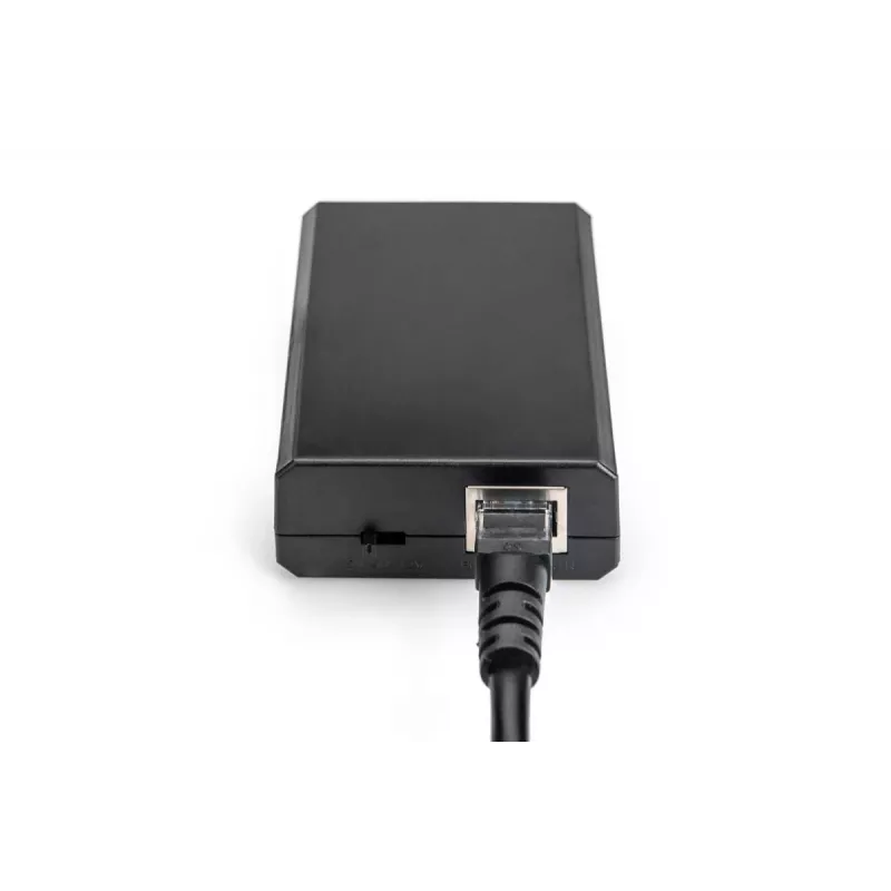 DIGITUS Gigabit PoE+ Splitter, 10/100/1000 Mbit/s, 24 W Eingang: 802.3at PoE, Ausgang: 5V/2A, 9V/2A, 12V/2A, Kunststoffgehäuse, schwarz