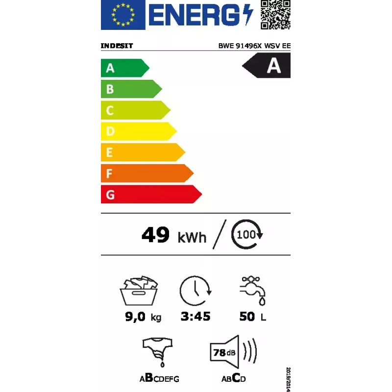 Frontlader-Waschmaschine Indesit BWE 91496X WSV EE — 9 kg, 1400 U/min, A Energie, weiß