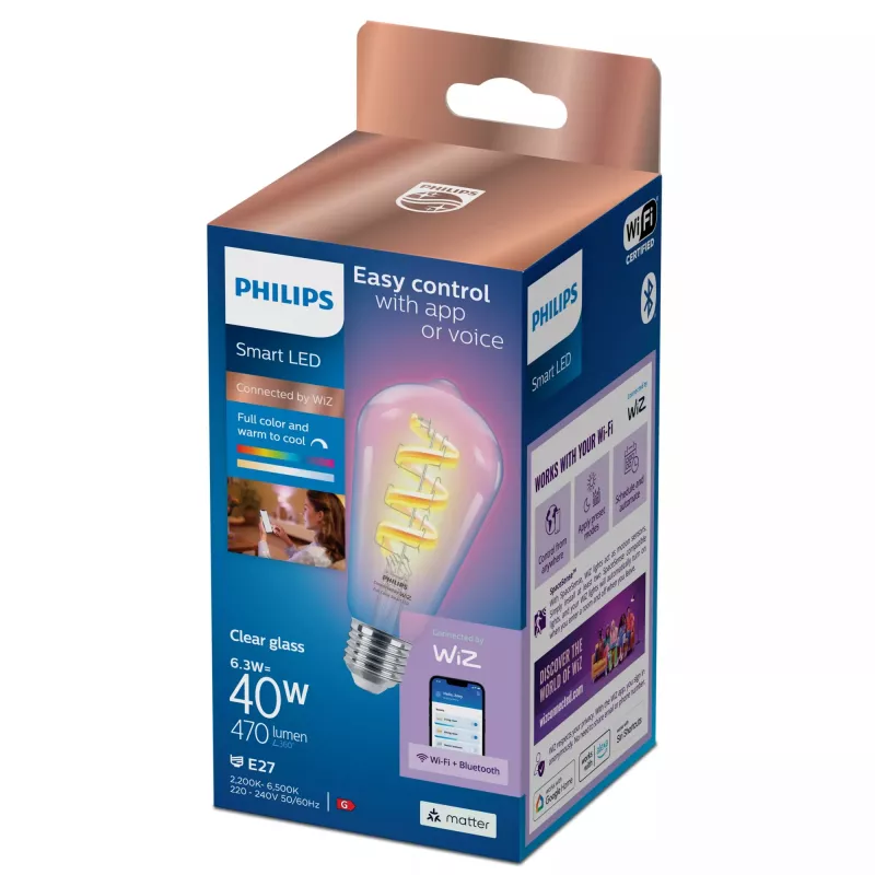 Philips Filament Clear 40 W ST64 E27, Smart Bulb, Wi-Fi/Bluetooth, Transparent, Wi-Fi 4 (802.11n), 802.11b, 802.11g, LED, E27