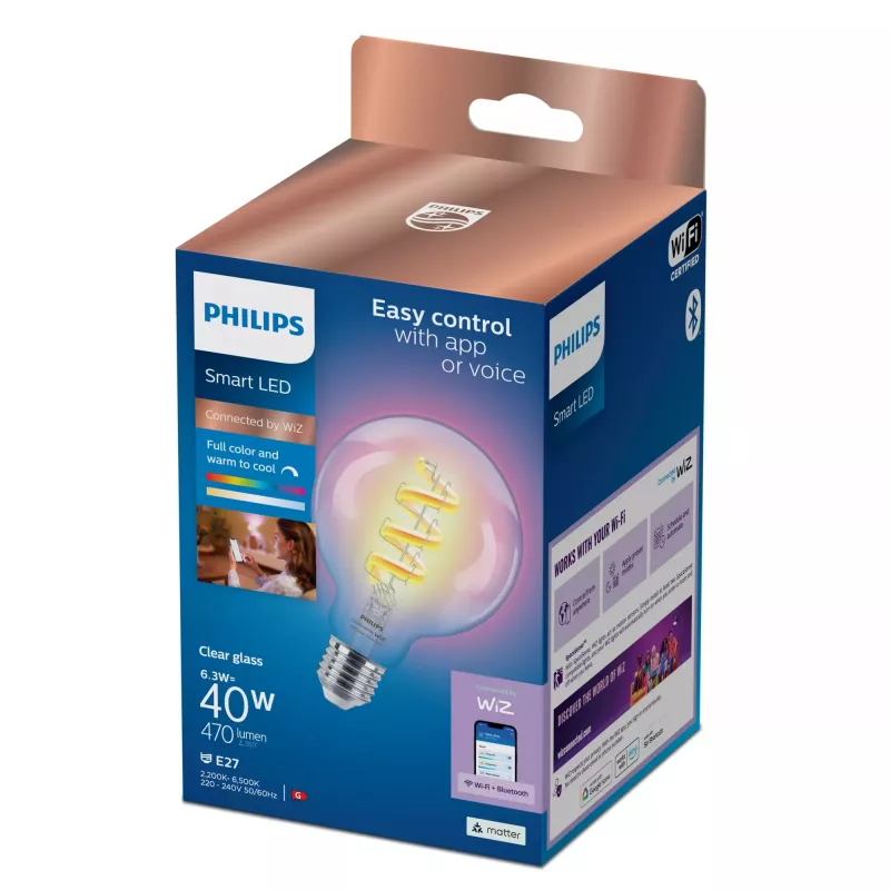 Philips Filament Clear 40 W G95 E27, Smart-Leuchtmittel, Wi-Fi/Bluetooth, Transparent, Wi-Fi 4 (802.11n), 802.11b, 802.11g, LED, E27