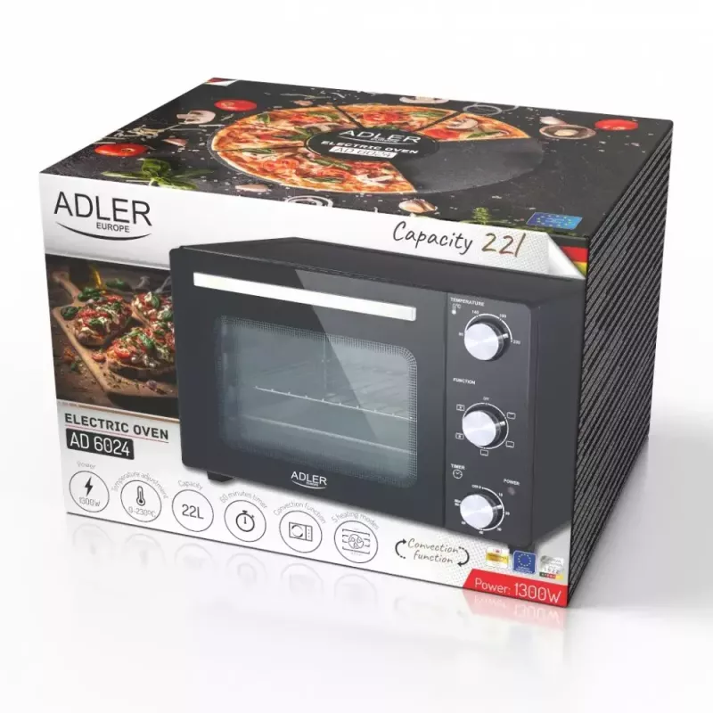 Elektrischer Tischbackofen Adler AD 6024 — kompakt, 22 l Fassungsvermögen, 1300 W, schwarz