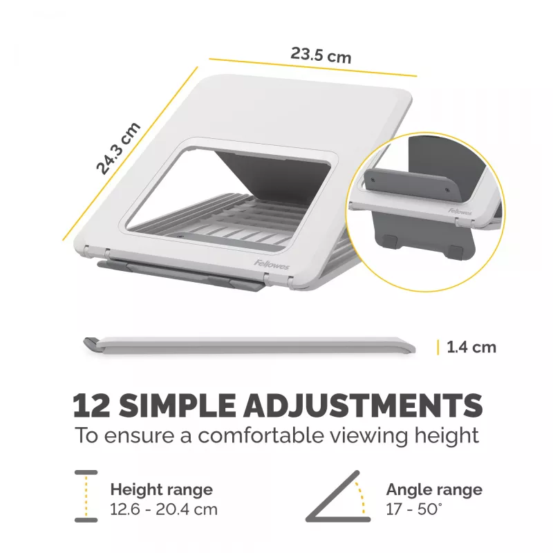Fellowes Laptopständer für Schreibtisch - Breyta verstellbare Laptoperhöhung für Zuhause und Büro - Tragbarer Laptopständer mit 12 Höheneinstellungen - Max. Laptopgröße 14 Zoll, Max. Gewicht 4 kg - Weiß