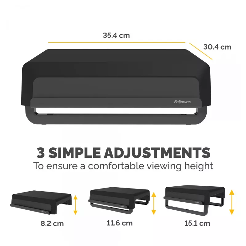 Fellowes Computer Monitor Stand mit 3 Höheneinstellungen - Breyta Monitorerhöhung mit Kabelmanagement - Ergonomischer, verstellbarer Monitorständer für Computer - Max. Gewicht 15 kg - Schwarz