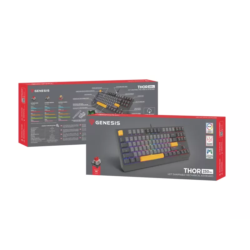 GENESIS Thor 230 TKL Tastatur Gaming USB + RF Wireless + Bluetooth QWERTY Schwarz, Grau, Orange