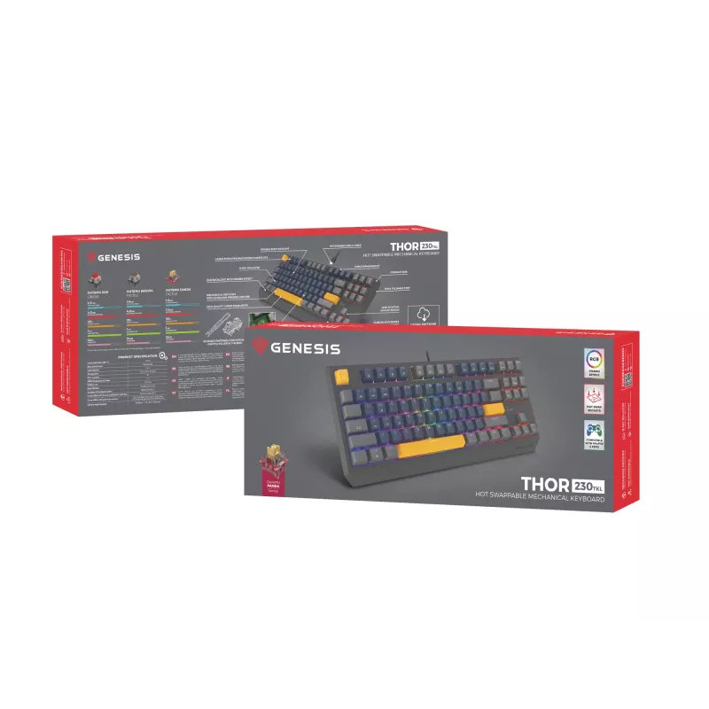 GENESIS THOR 230 TKL Tastatur Gaming USB + RF Wireless + Bluetooth QWERTY Schwarz, Blau, Grau, Orange