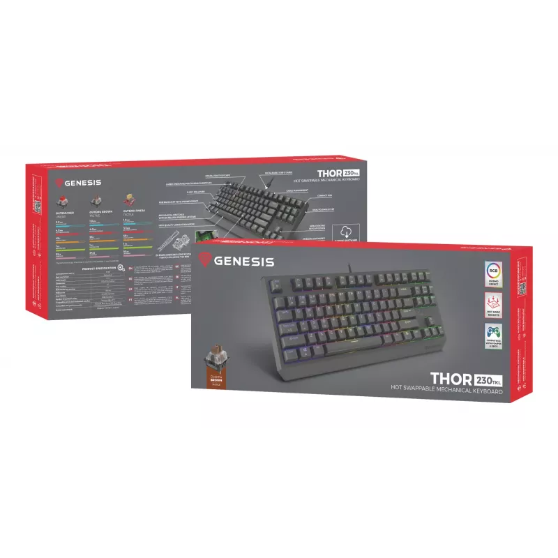 Mechanische Gaming-Tastatur Genesis Thor 230 TKL — Tenkeyless, US QWERTY, Outemu Brown Switches, RGB, 1000 Hz, USB