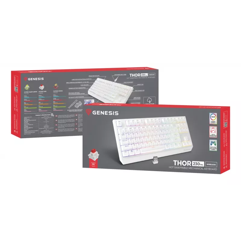 Tenkeyless Gaming-Tastatur GENESIS Thor 230 TKL — USB, RF Wireless, Bluetooth, QWERTY, Weiß