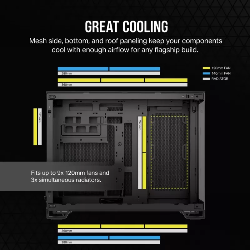 PC-Gehäuse CORSAIR 2500D AIRFLOW Midi Tower Schwarz — ATX/Micro ATX, Unterstützung für 280-mm-Frontradiator, USB-A x2, USB-C x1