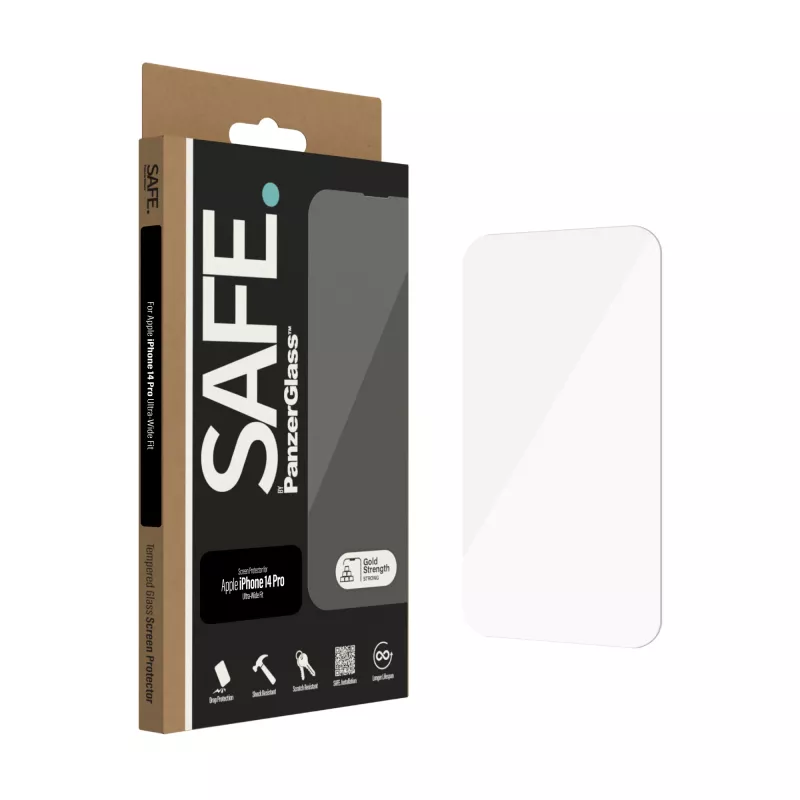 PanzerGlass SAFE. by ® Displayschutzfolie für Apple iPhone 14 Pro Ultra-Wide Fit, kratz- und stoßfest