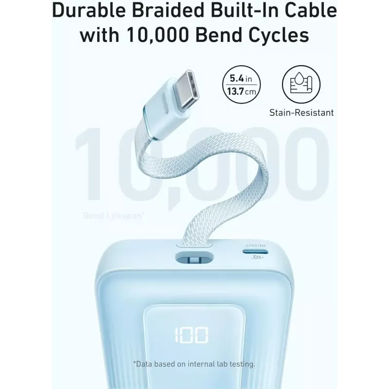 Anker Zolo 10000mAh tragbare Batterie, 30W ultraschnelles Laden, integriertes USB-C-Kabel, schwarz