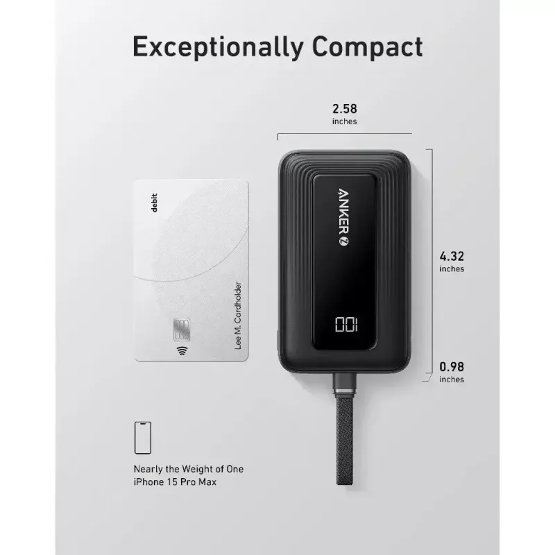 Anker Zolo 10000mAh tragbare Batterie, 30W ultraschnelles Laden, integriertes USB-C-Kabel, schwarz