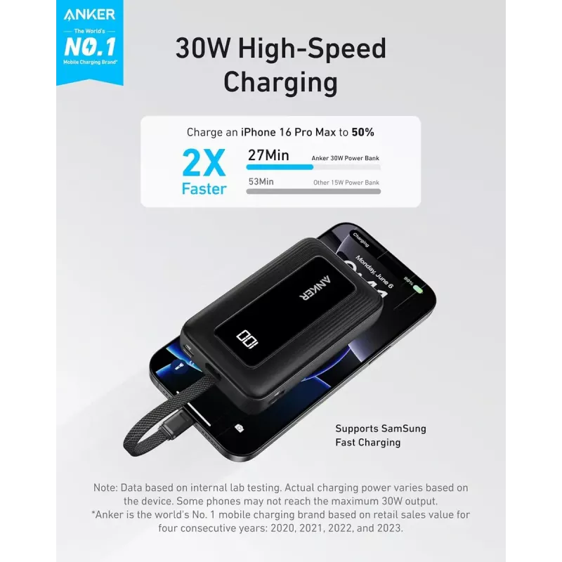 Anker Zolo 10000mAh tragbare Batterie, 30W ultraschnelles Laden, integriertes USB-C-Kabel, schwarz