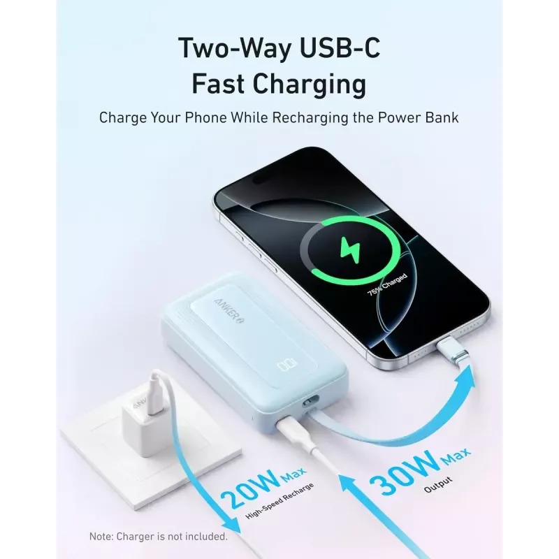 Anker Zolo 10000mAh tragbare Batterie, 30W ultraschnelles Laden, integriertes USB-C-Kabel, schwarz