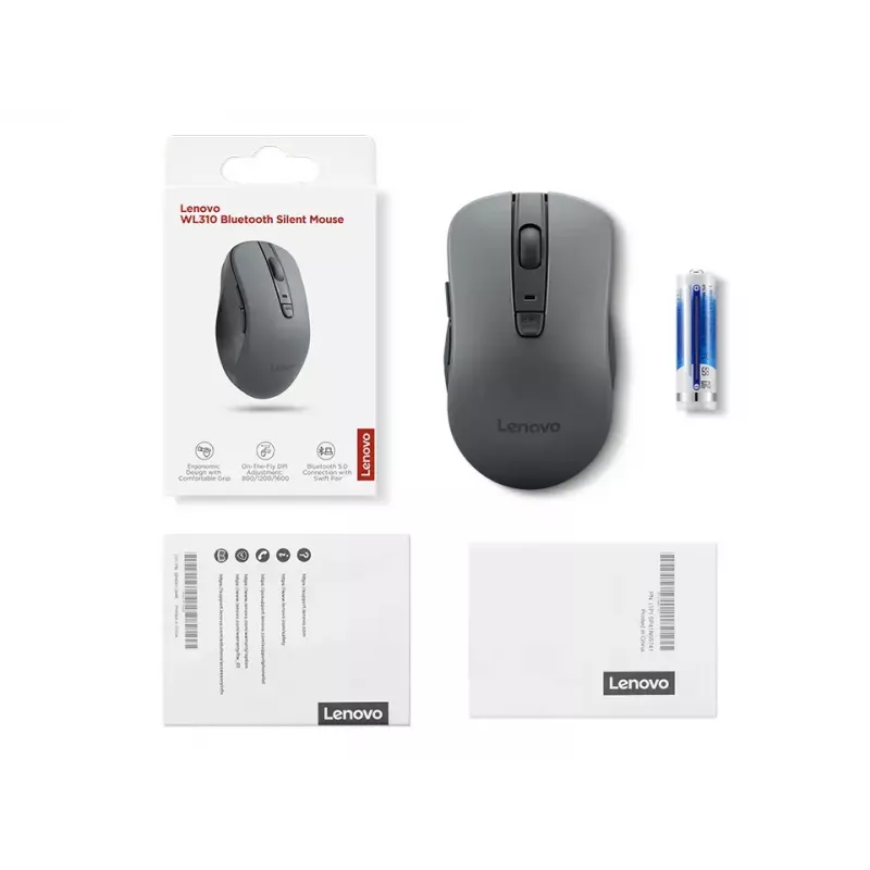Beidhändige kabellose Maus Lenovo WL310 Office – Bluetooth, optisch 1200 DPI, 6 Tasten, Rad, grau, batteriebetrieben