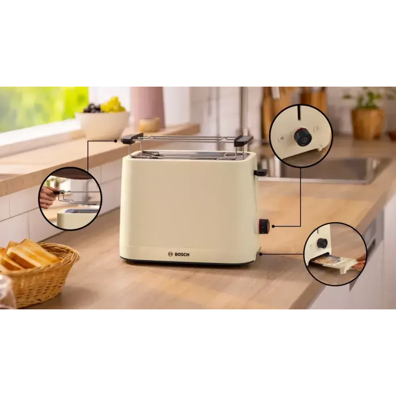 Toaster Bosch Compact TAT3M127 – 2-Slot beige Kunststoffgehäuse, kompaktes Design
