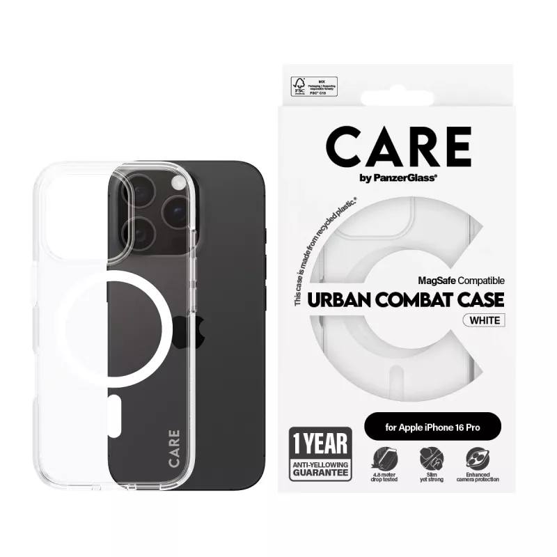 PanzerGlass CARE™ by ® Urban Combat Hülle transparent mit weißem MagSafe iPhone 16 Pro
