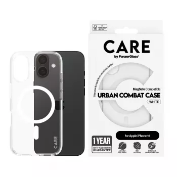 PanzerGlass CARE™ by ® Urban Combat Case Transparent w. White MagSafe iPhone 16