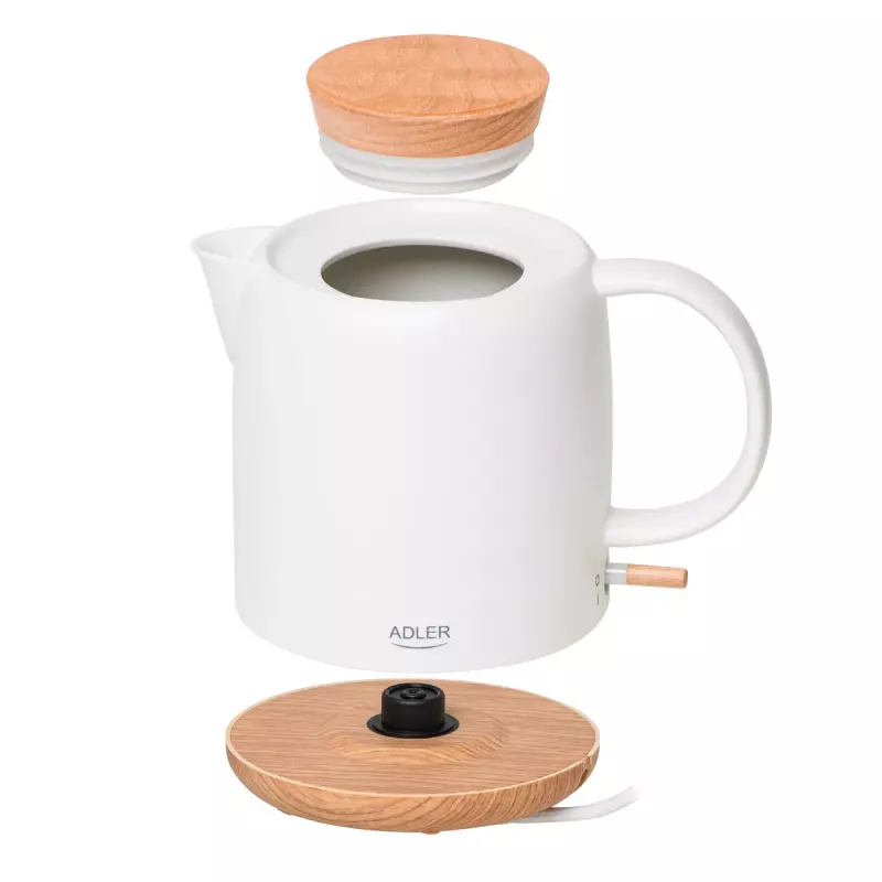 Elektrischer Wasserkocher Adler AD 1304 — 1 L, 1200 W, Keramikgehäuse, Klappdeckel, 360°-Drehbasis, weiß