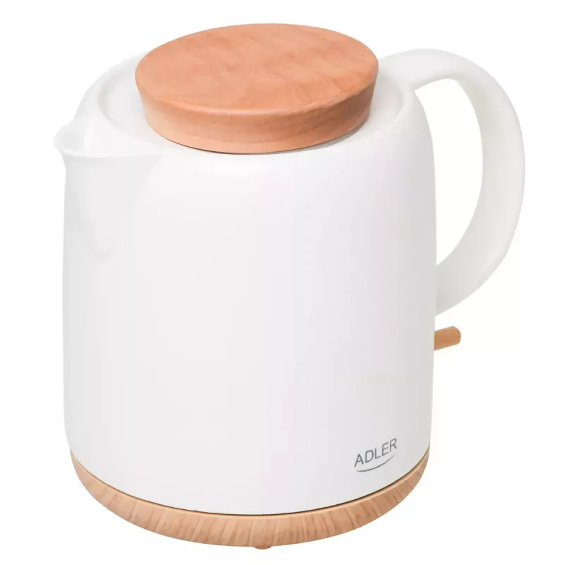Elektrischer Wasserkocher Adler AD 1304 — 1 L, 1200 W, Keramikgehäuse, Klappdeckel, 360°-Drehbasis, weiß