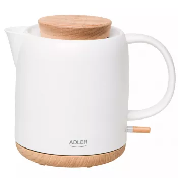 Elektrischer Wasserkocher Adler AD 1304 — 1 L, 1200 W, Keramikgehäuse, Klappdeckel, 360°-Drehbasis, weiß