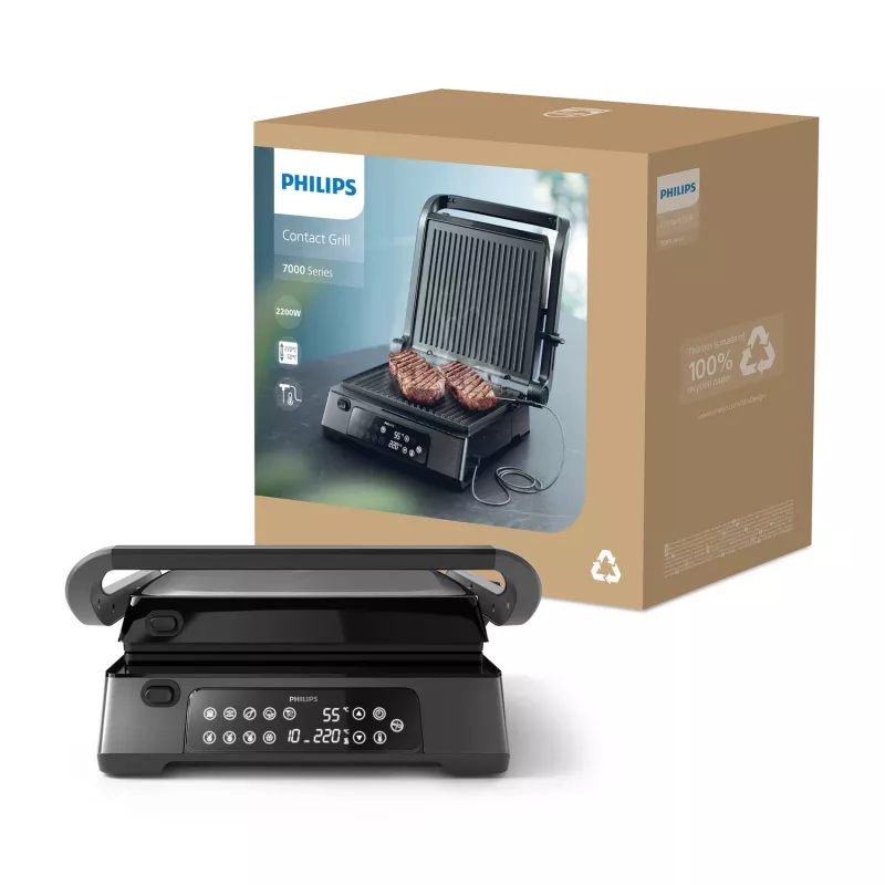 Philips 7000 series Kontaktgrill, Schwarz, Rechteckig, Touch, 220 °C, Klappdeckel, Verschlussdeckel, 180°