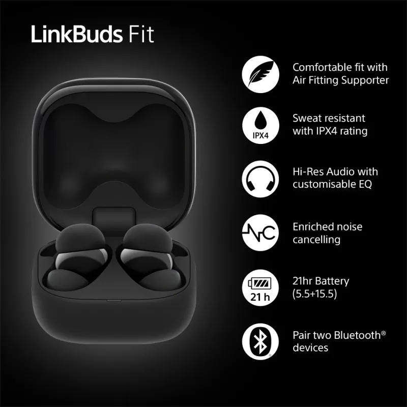 Kabelloser In-Ear-Kopfhörer Sony LinkBuds Fit WFLS910NB — Bluetooth, 20–20000 Hz, 10 m Reichweite, 75 g, schwarz