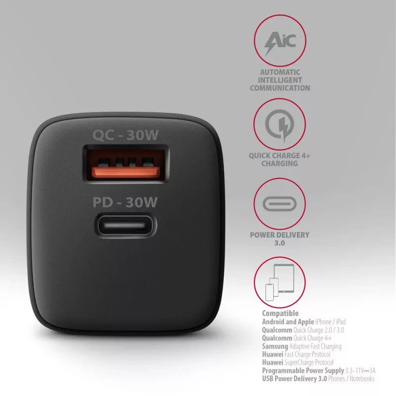 Axagon ACU-PQ30 PD3.0 & QC4+ 2xOUTPUTS Wandladegerät 30W