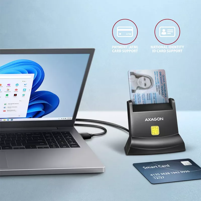 Axagon Universal Desktop USB Kontakt Smart-/ID-Kartenleser mit langem USB-A-Kabel. Geeignet für die eObanka-Anwendung. Smartcard-Lesegerät Indoor USB 2.0 Schwarz