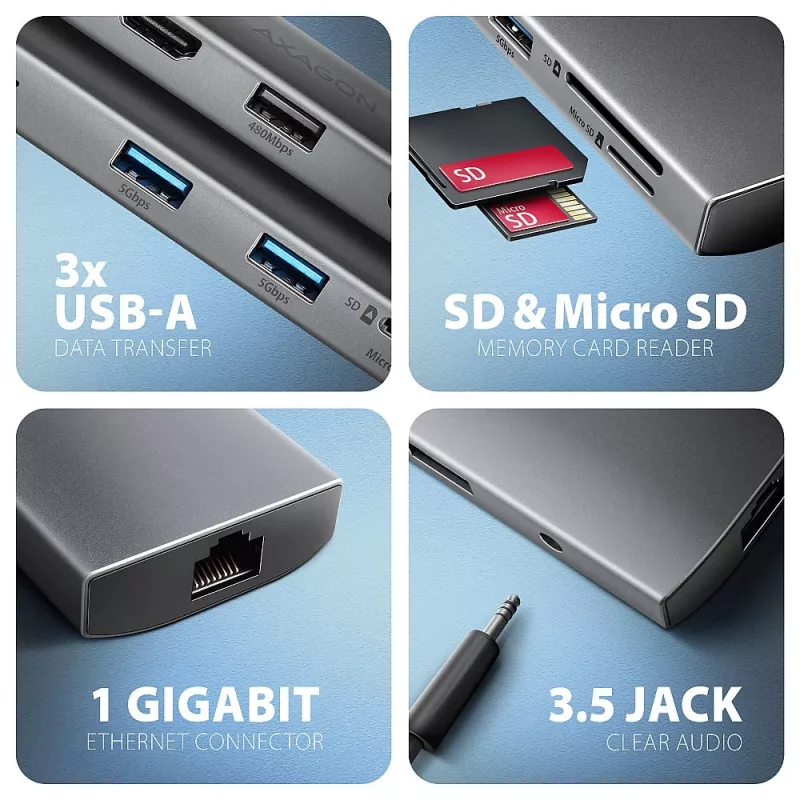 Axagon HMC-8HLSA, USB 5Gbps Hub, 3x USB-A, HDMI 4K/60Hz, RJ-45, SD/microSD, Audio, PD 100W