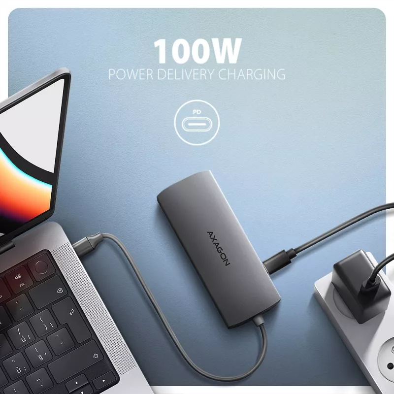 Axagon HMC-8HLSA, USB 5Gbps Hub, 3x USB-A, HDMI 4K/60Hz, RJ-45, SD/microSD, Audio, PD 100W
