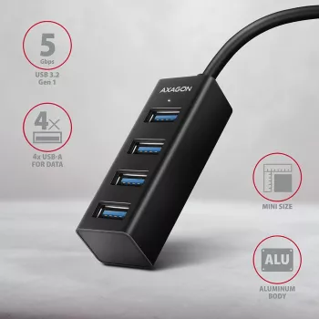 Axagon HUE-M1A 4x USB 3.2 Gen 1 MINI Hub, Metall, 20 cm USB-A-Kabel