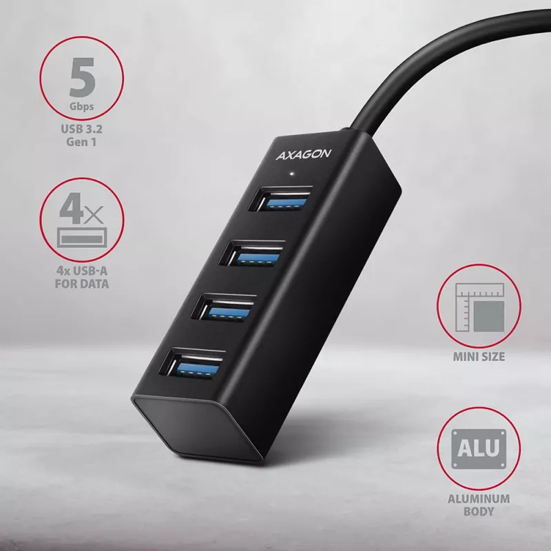 Axagon HUE-M1A 4x USB 3.2 Gen 1 MINI Hub, Metall, 20 cm USB-A-Kabel