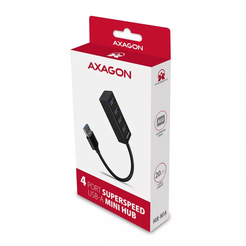 Axagon HUE-M1A 4x USB 3.2 Gen 1 MINI Hub, Metall, 20 cm USB-A-Kabel