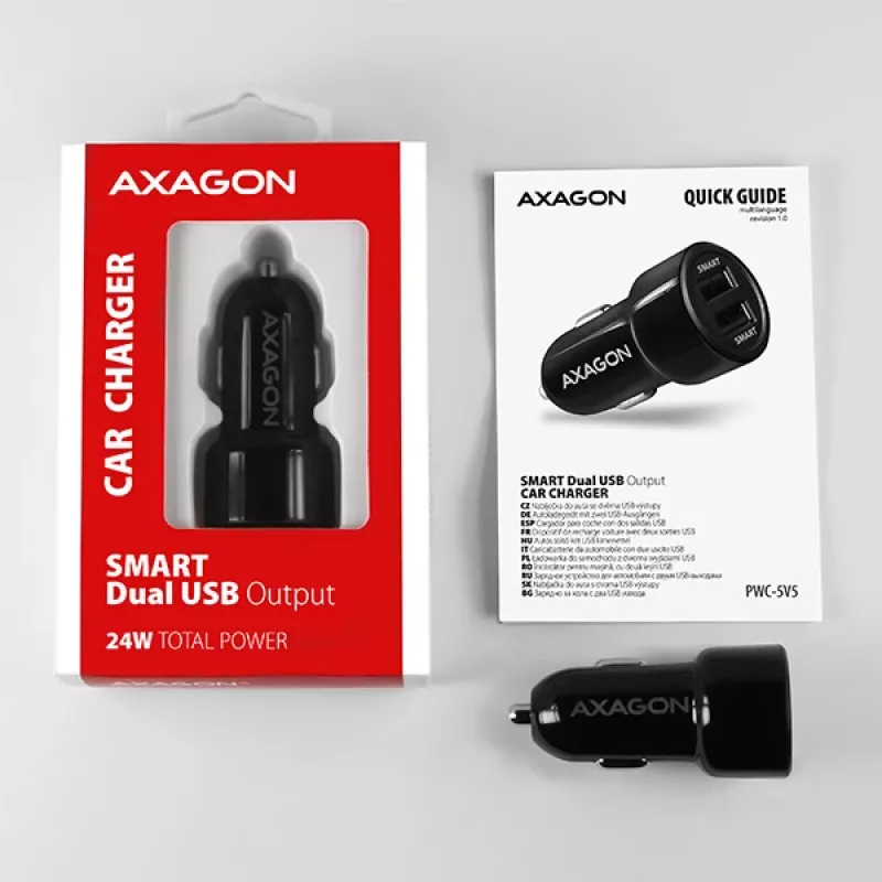 Axagon PWC-5V5 SMART Auto-Ladegerät 24W, 2x USB-A-Port, 5V/2,4A + 5V/2,4A