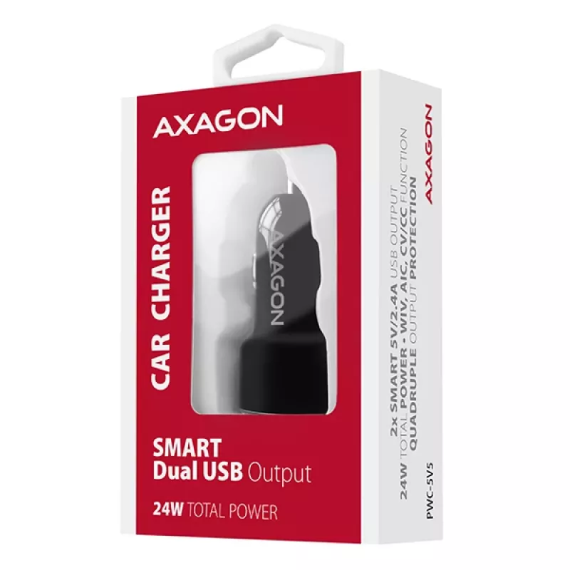 Axagon PWC-5V5 SMART Auto-Ladegerät 24W, 2x USB-A-Port, 5V/2,4A + 5V/2,4A