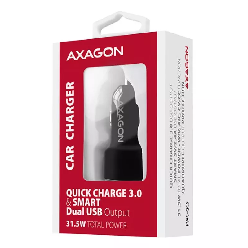 Axagon PWC-QC5 Ladegerät für Mobilgeräte Handy, Smartphone, Tablet, Universal Schwarz Zigarettenanzünder Schnellladung Auto