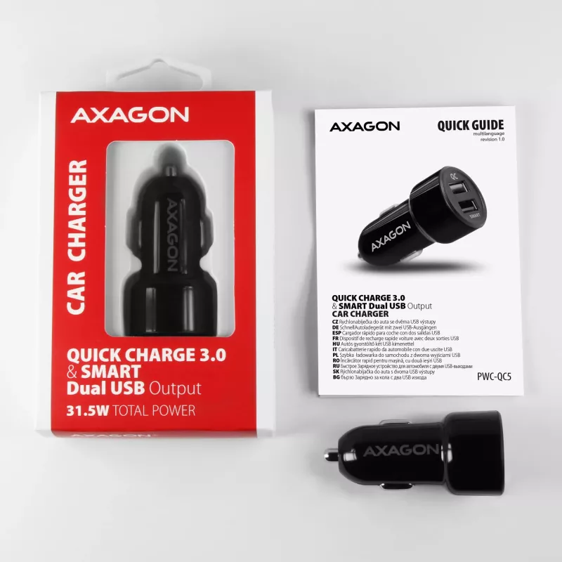 Axagon PWC-QC5 Ladegerät für Mobilgeräte Handy, Smartphone, Tablet, Universal Schwarz Zigarettenanzünder Schnellladung Auto
