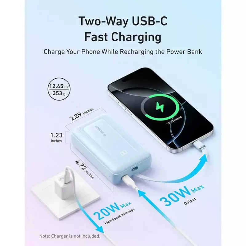 Powerbank Anker Zolo 10000mAh, 30W Super Fast Charging, USB-C integriertes Kabel, weiß