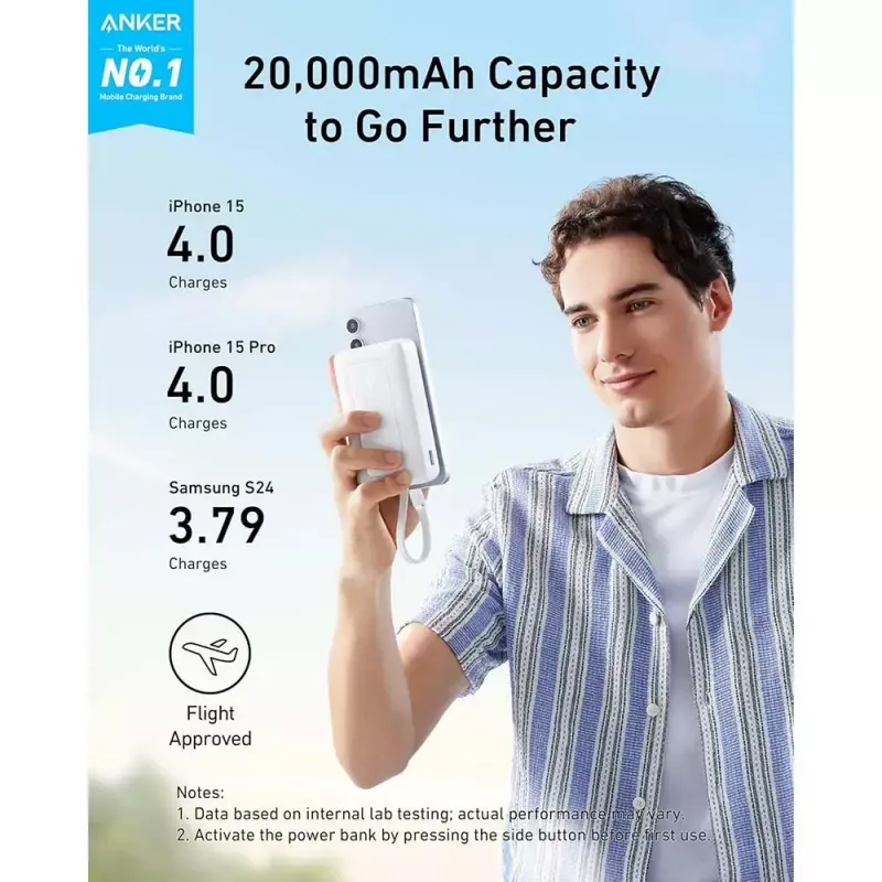 Powerbank Anker Zolo 10000mAh, 30W Super Fast Charging, USB-C integriertes Kabel, weiß