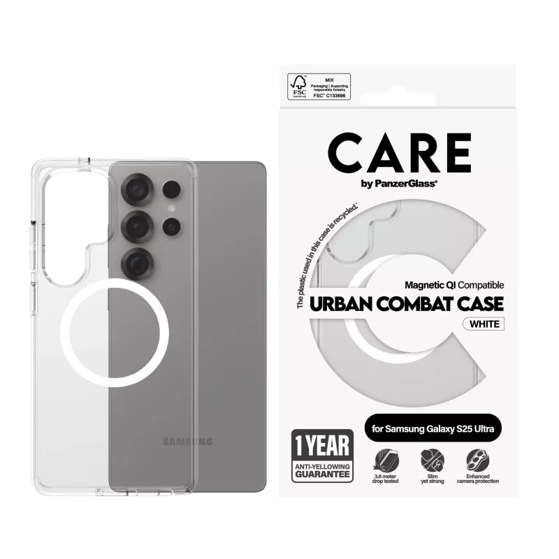 PanzerGlass CARE™ by ® Urban Combat Case Transparent mit Weiß Qi Kompatibel Samsung Galaxy S25 Ultra