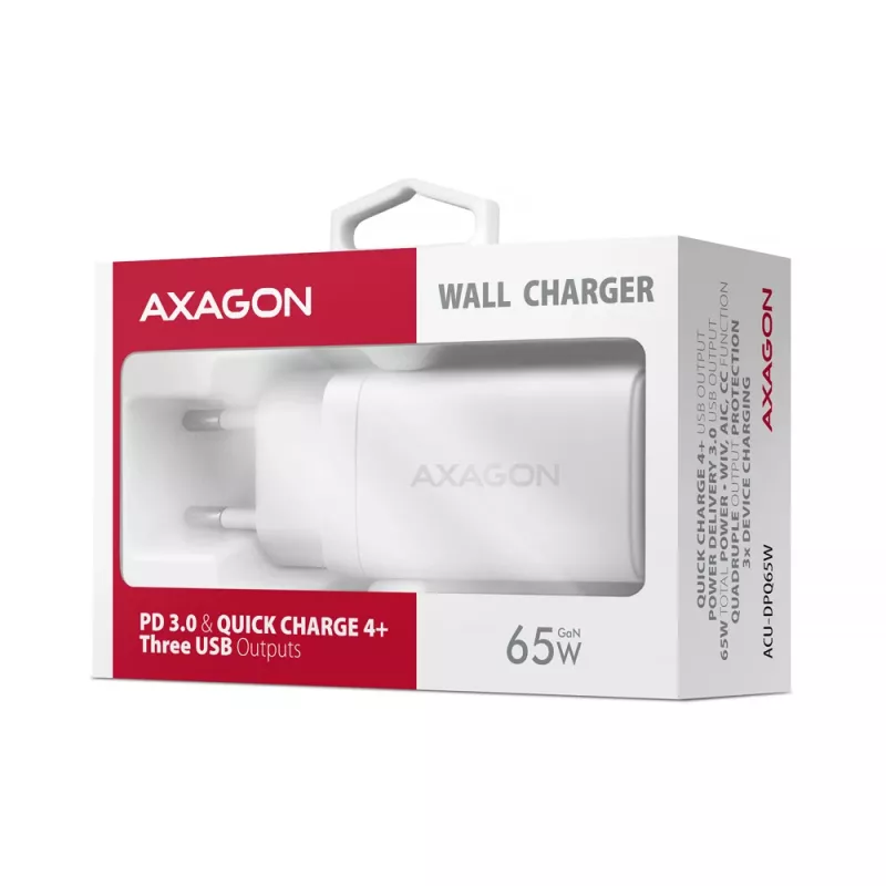 Axagon ACU-DPQ65W PD3.0 & QC4+ 3x AUSGÄNGE Wandladegerät 65W