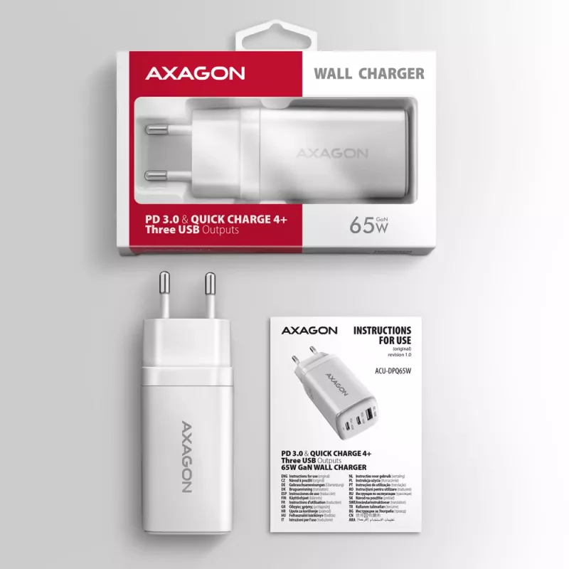 Axagon ACU-DPQ65W PD3.0 & QC4+ 3x AUSGÄNGE Wandladegerät 65W