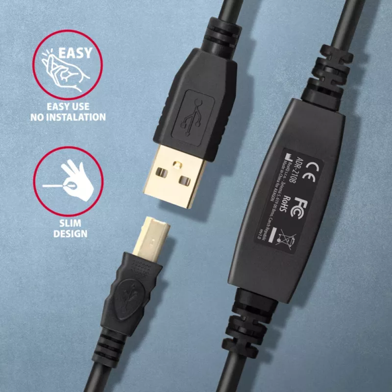 Axagon ADR-210B aktives Verbindungs-/Repeaterkabel USB 2.0 A-Stecker auf B-Stecker, 10 m